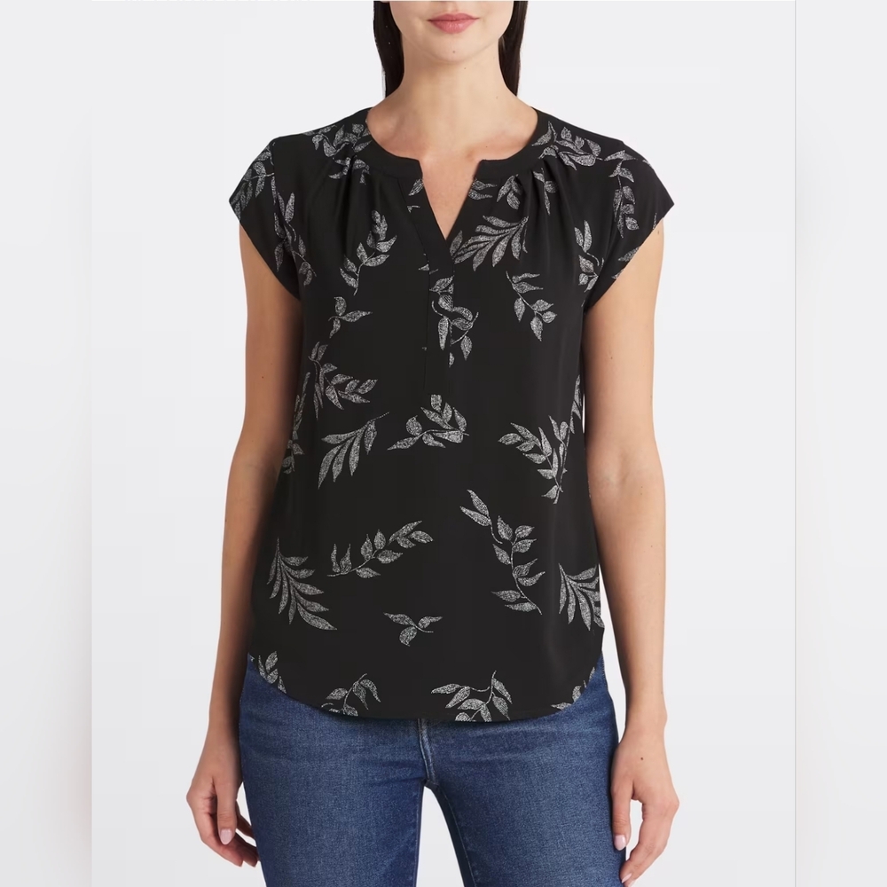 41 Hawthorn Black and Gray Leaf Print Blouse